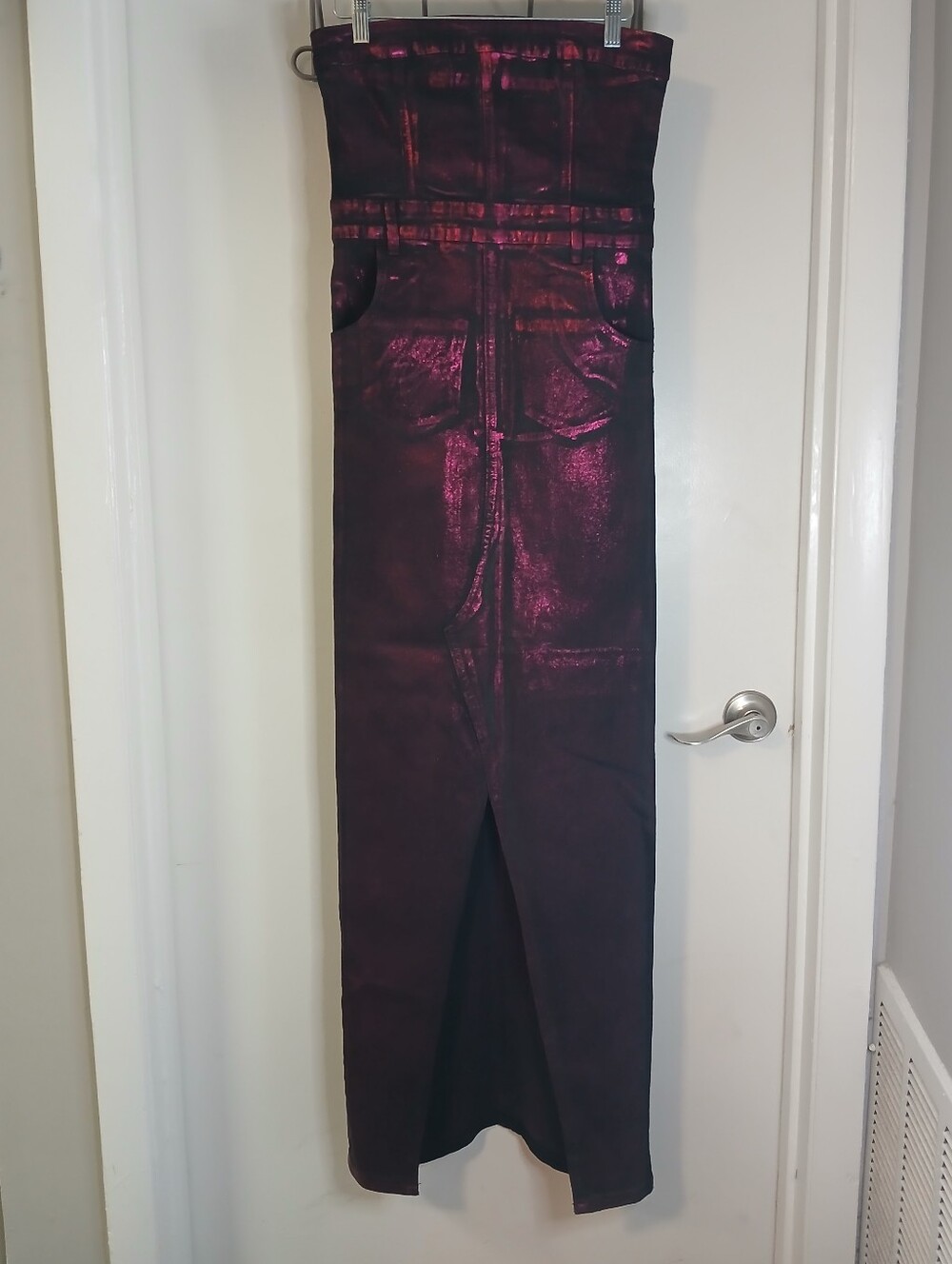 PrettyLittleThing Pink Metallic Denim Strapless Bandeau Sheath Maxi Dress 4 New!